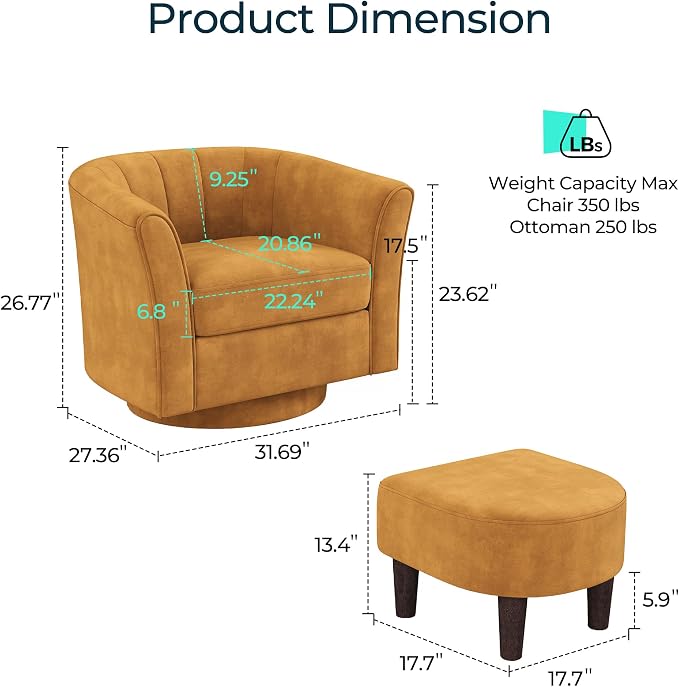 LINSY Swivel Accent Chair Ottoman Set: Velvet Larege Barrel Chair with Foot Rest, Modern Reading Chair Upholstered Armchair with Footrest for Living Room Bedroom Study Room Office (Yellow)