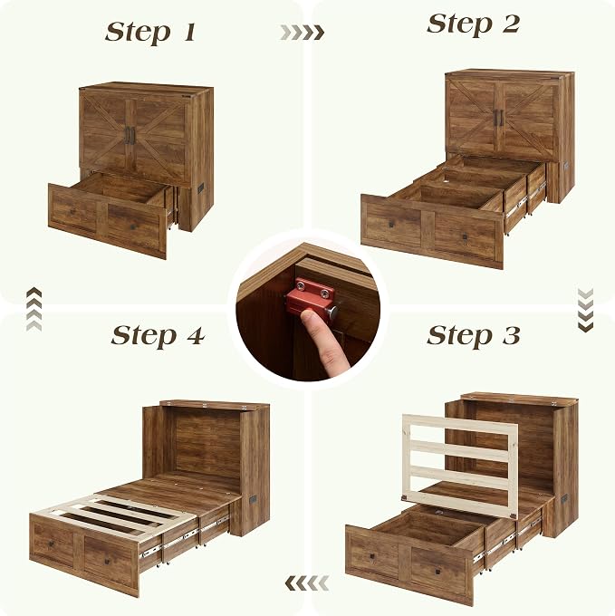 LUXOAK Twin Murphy Bed with Built-in Charging Station and Storage Drawer, Farmhouse Foldable Cabinet Bed for Guest Room, Apartment or Home Office, Barnwood