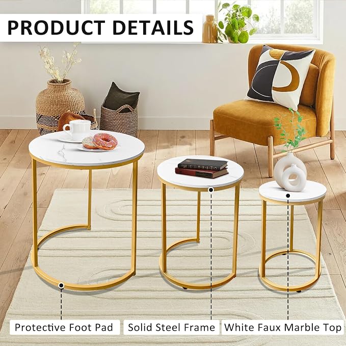 AT-VALY Nesting Tables Coffee Table Set of 3,Round Side Table Small Accent Table for Living Room,Bedroom Apartment (Gold)
