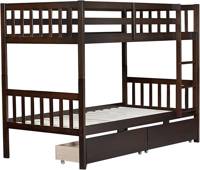 Harper & Bright Designs Twin Over Twin Bunk Bed with 2 Drawers, Convertible into 2 Twin Beds, Twin Bunk Bed with Ladder and Safety Guardrails, Espresso