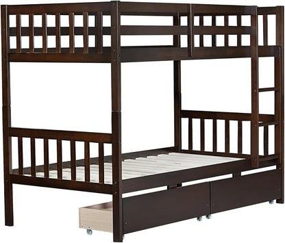 Harper & Bright Designs Twin Over Twin Bunk Bed with 2 Drawers, Convertible into 2 Twin Beds, Twin Bunk Bed with Ladder and Safety Guardrails, Espresso