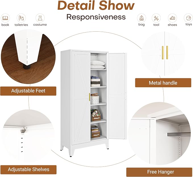 Metal Armoire Wardrobe Closet, 71" Steel Clothing Storage Cabinet with 2 Doors, Hanging Rod & Shelves, Bedroom Armoire Closet, White Wardrobe Cabinets for Bedroom