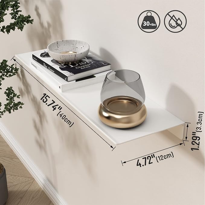 Danpoo 16 inch White Metal Floating Shelves for Wall Organizer & Storage, Display Shelves for Bathroom, Living Room, Kitchen, Bedroom(2-Pack)