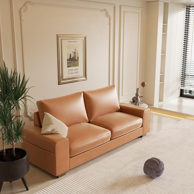 Valthie Faux Leather Couch, Mid Century Modern Comfy Loveseat Sofa with Wide Arm, Side Pockets, Solid Wooden Frame for Office, Living Room and Bedroom, 2 Seater (Brown, 71.25 Inches)