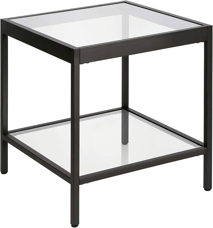 Henn&Hart 20" Wide Square Side Table in Blackened Bronze, Table for Living Room, Bedroom | Two-tiered glass shelves with a metal frame, offering open display space for living rooms, offices, or bedrooms