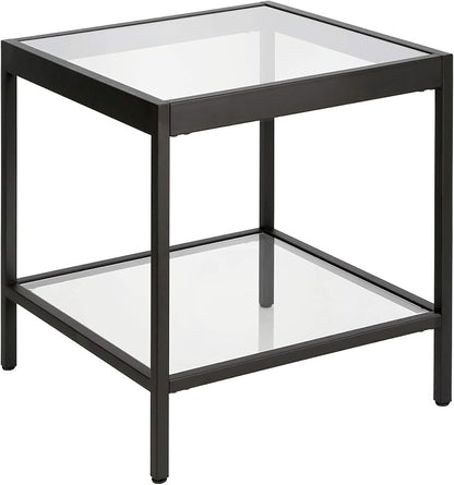 Henn&Hart 20" Wide Square Side Table in Blackened Bronze, Table for Living Room, Bedroom | Two-tiered glass shelves with a metal frame, offering open display space for living rooms, offices, or bedrooms