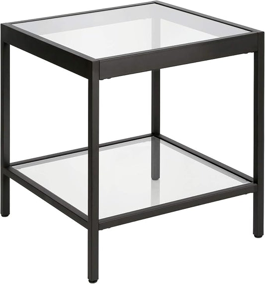 Henn&Hart 20" Wide Square Side Table in Blackened Bronze, Table for Living Room, Bedroom | Two-tiered glass shelves with a metal frame, offering open display space for living rooms, offices, or bedrooms