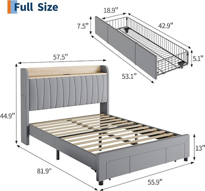 GarveeHome Upholstered Bed Frame with Storage Headboard and Charging Station, Platform Bed Frame with Drawers, Heavy Duty, No Box Spring Needed, Easy Assembly, Grey, Full Size