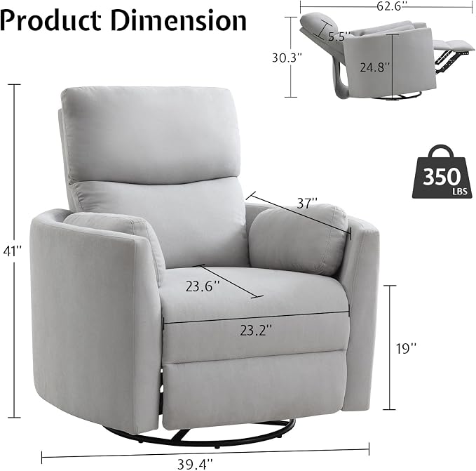 Jocisland Power Recliner Nursery Chair for Adults, Electric Swivel Rocking Glider with USB & Type-C, Soft Fabric Armchair with 2 Pillows, Cozy Reclining Sofa for Living Room, Bedroom, Light Grey