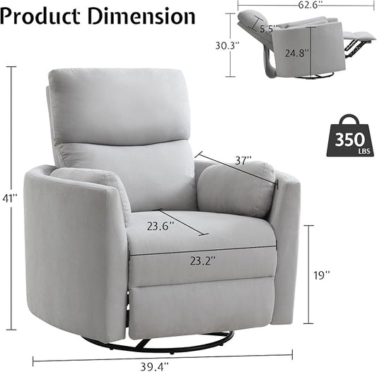 Jocisland Power Recliner Nursery Chair for Adults, Electric Swivel Rocking Glider with USB & Type-C, Soft Fabric Armchair with 2 Pillows, Cozy Reclining Sofa for Living Room, Bedroom, Light Grey