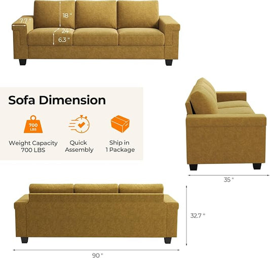 COPIAE 3 Seater Sofa Couch with Deep Seat, 90" Modern Upholstered Sofa with Armrests, Easy Installation, Comfy Couches for Living Room, Apartment, Yellow