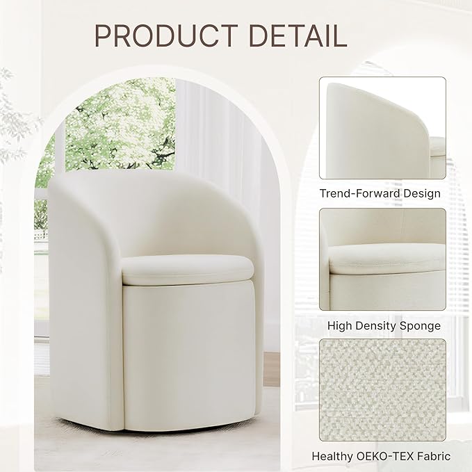 KISLOT Upholstered Dining Chairs with Casters, No Assembly Rolling Modern Dining Room Chairs with Hidden Storage & Barrel Backrest, Accent Chair for Bedroom, Living Room, Dressing, Linen, Set of 4