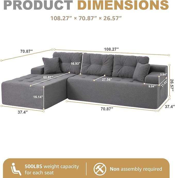 Hobestluk Modular Sectional Sofa Couches L-Shape Couch 3 Seat Modular Sofa Memory Foam Sectional Couches for Living Room, Cloud Couch with Oversized Chaise (Grey Tufted, 96", Left Hand Facing)