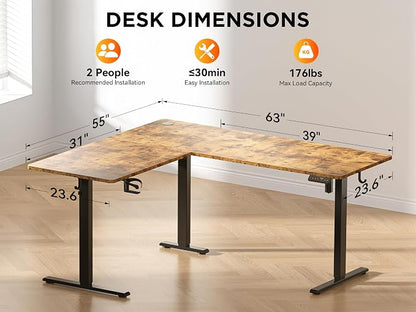 WALKINGDESK 63X55 Inches Reversible L Shaped Standing Desk Height Adjustable with Cup Holder, Electric Corner Computer Desk, Sit Stand up Home Office Desk, Ergonomic Gaming Desk, Rustic Brown