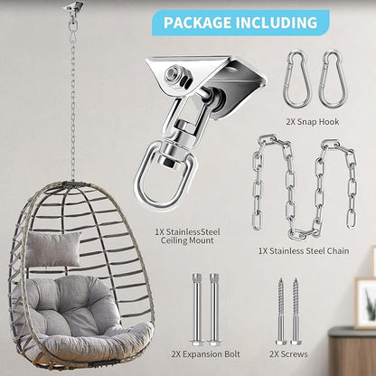 Hammock Hanging Kit with Swing Chain, Morzejar Stainless Steel 1000lb Heavy Duty Capacity Hammock Hooks, Morzejar 360° Swivel Hanging Kit for Trapeze, Yoga, Boxing Bag, Hammock Chair, Porch, Gym