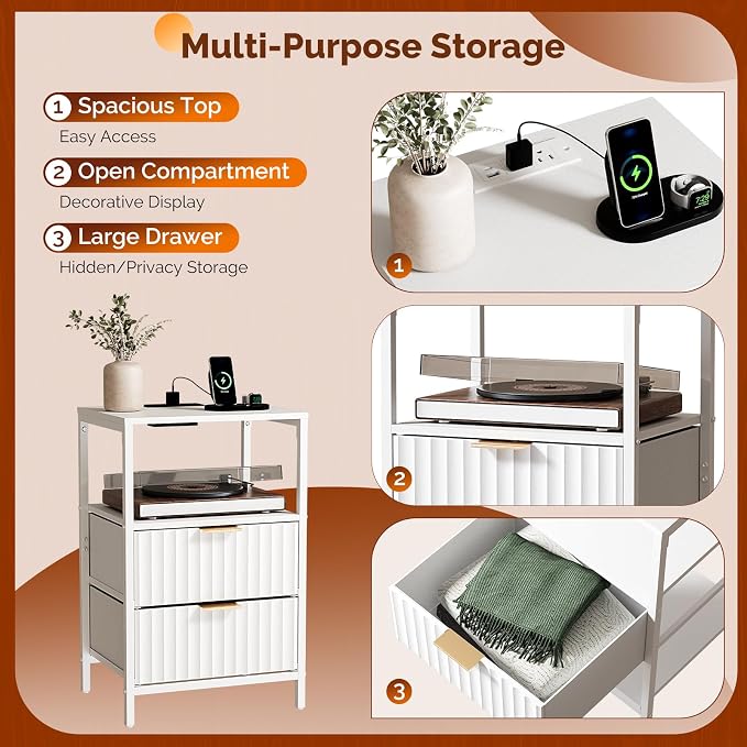 VINGLI White Nightstands Set of 2 with Fabric Drawers, Fluted Nightstand with Charging Station, Night Stand Set 2 White Side Table with Charging Station for Bedroom, Dorm