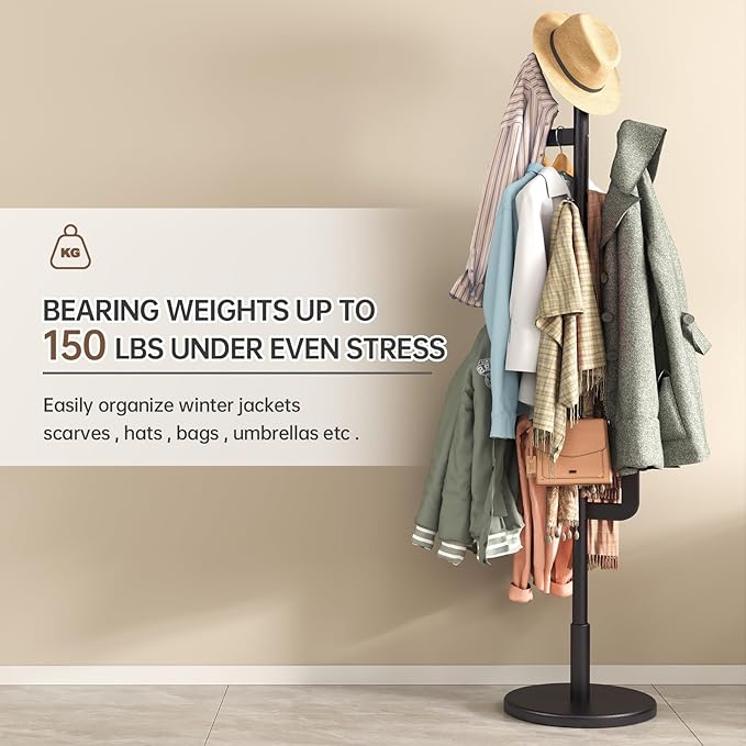 Muwuele Solid Wood Cactus Coat Rack, Freestanding Coat Rack With 6 L-Shaped Hooks and 3 Adjustable Sizes, Coat Tree for Bedroom, Entryway, Livingroom, Coat Hanger Stand for Coats, Handbags (Black)