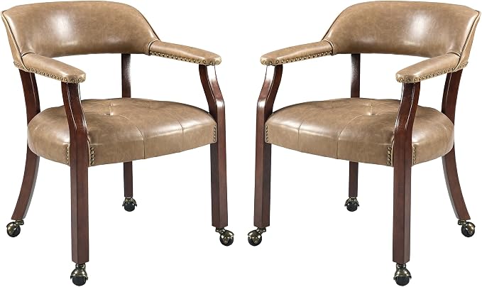 LEEMTORIG Set of 2 Large Dining Chairs with Casters and Arms, Rolling Dining Chairs with Wheels, Accent Game Table Chairs, 26" D x 25.2" W x 31.5" H, Cherry Legs & Yellowish Brown PU SY-1533-PMB02