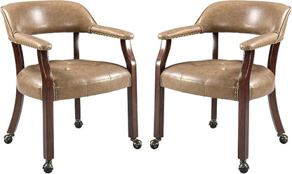 LEEMTORIG Set of 2 Large Dining Chairs with Casters and Arms, Rolling Dining Chairs with Wheels, Accent Game Table Chairs, 26" D x 25.2" W x 31.5" H, Cherry Legs & Yellowish Brown PU SY-1533-PMB02