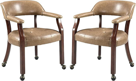 LEEMTORIG Set of 2 Large Dining Chairs with Casters and Arms, Rolling Dining Chairs with Wheels, Accent Game Table Chairs, 26" D x 25.2" W x 31.5" H, Cherry Legs & Yellowish Brown PU SY-1533-PMB02