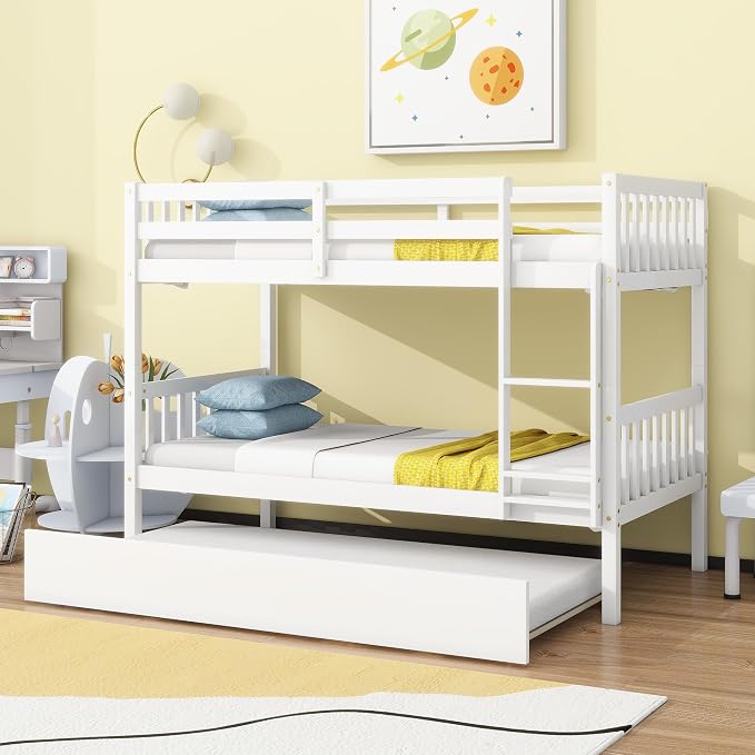 Merax Twin-Over-Twin Bunk Bed with Movable Trundle, Solid Wood Detachable Bunk Bed with Safety Guardrial and Ladder, Can be Converted Into 3 Separate Beds(White)
