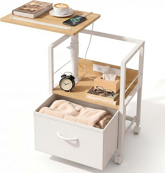 Faesun Swivel Lift Top Nightstand with Charging Station, Rolling Side Table for Recliner, Bedside Table with Wheels & a Fabric Drawer, for Small Spaces, for Bedroom, Living Room, Oak White