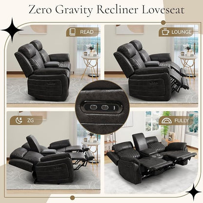 Power Reclining Sofa Set with Adjustable Headrest, Zero Gravity Electric Reclining Couch with USB/Type-C Ports, Power Loveseat Sofa Set for Living Room, Home Theater (Charcoal, Loveseat+Sofa)