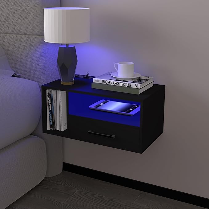 Homaterial Floating Nightstand with Charging Station and LED Lights, Floating Bedside Table with Drawers Wall Mounted Nightstands,for Bedroom Room, 21.3" x 11.8" x 10",Black