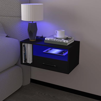 Homaterial Floating Nightstand with Charging Station and LED Lights, Floating Bedside Table with Drawers Wall Mounted Nightstands,for Bedroom Room, 21.3" x 11.8" x 10",Black