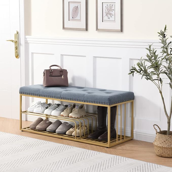 Upholstered Shoe Storage Bench-Nailhead Trim Linen Ottoman Bench with Shoes Rack for End of Bed Entryway Window Bedroom Living Mudroom Room,Blue