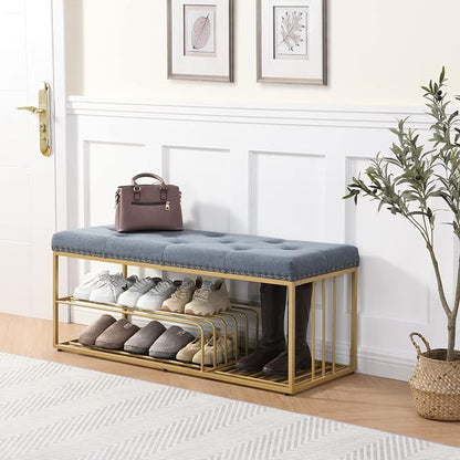 Upholstered Shoe Storage Bench-Nailhead Trim Linen Ottoman Bench with Shoes Rack for End of Bed Entryway Window Bedroom Living Mudroom Room,Blue