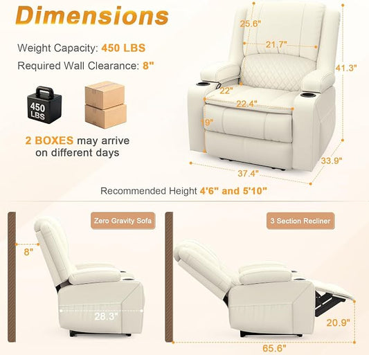 Oversized Manual Recliner Chair, 3 Angle Recliner Home Theater Seating, RV Recliner Single Sofa with Hidden Arm Storage, Cup Holder & Side Pocket (Single, White)