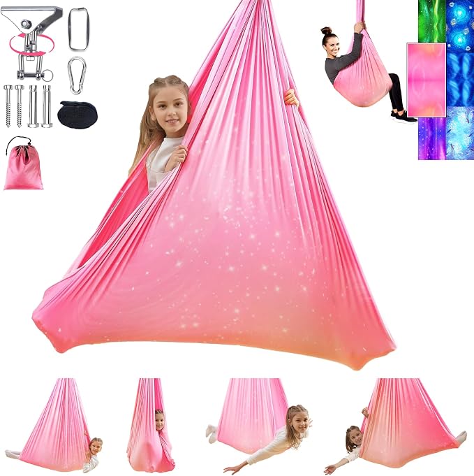 Sensory Swing for Kids and Adults Indoor & Outdoor Double Layer Therapy Cuddle Holds up to 300lbs Adjustable Hammock Chair with 360° Swivel Hanger Kit Effect for Aspergers Autism ADHD(Fantasy Pink)