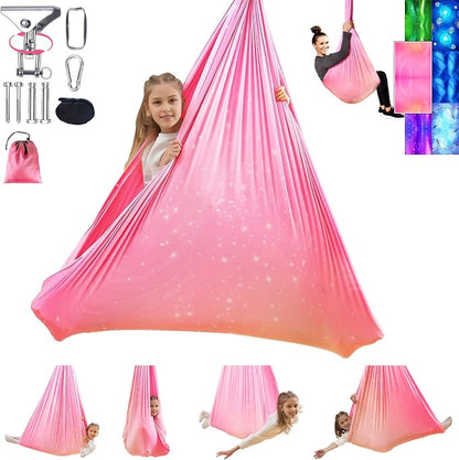 Sensory Swing for Kids and Adults Indoor & Outdoor Double Layer Therapy Cuddle Holds up to 300lbs Adjustable Hammock Chair with 360° Swivel Hanger Kit Effect for Aspergers Autism ADHD(Fantasy Pink)
