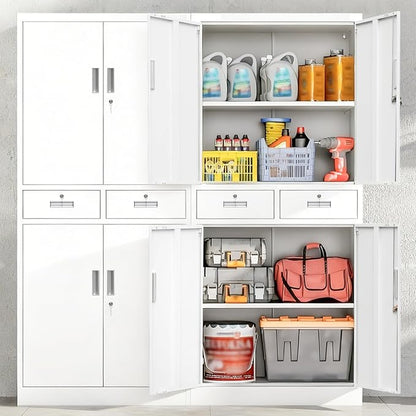 Wanfu Metal Storage Cabinet, Locking Storage Cabinet with Adjustable Shelves and 2 Drawers, 16" D x 32" W x 71" H Steel Cabinets for Office, Garage, Home, Classroom, Utility Room(White)