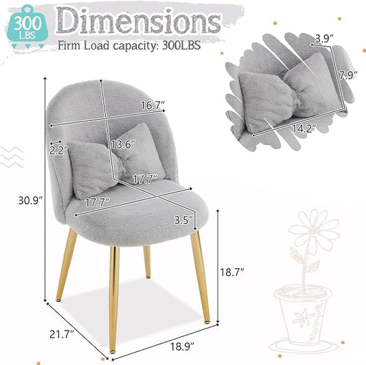 VINGLI Fluffy Girls Vanity Chair with Back & Pillow,Cute Small Cozy Desk Chair No Wheels,Comfy Makeup Ch with Ajustable Gold Legs,for Bedroom,Living Room,Small Space,Grey