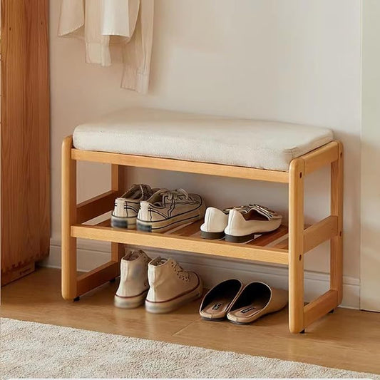 Shoe Rack Storage Bench -Beech Wood Shoe Shelf with Cushioned Seat and Organizer Compartment, Upholstered Bench Minimalist Shoe Rack Benchfor Closet, Entryway, Hallway, Bedroom(45*30*42CM, A)