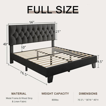Einhomn Full Upholstered Bed Frame with Headboard, Button Tufted Linen Bed Base, Platform Bed with Wood Slat, Heavy Duty, Easy Assembly, No Box Spring Needed, Dark Grey