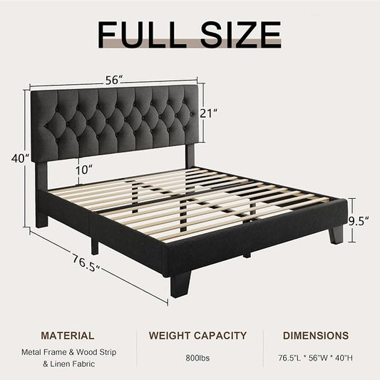 Einhomn Full Upholstered Bed Frame with Headboard, Button Tufted Linen Bed Base, Platform Bed with Wood Slat, Heavy Duty, Easy Assembly, No Box Spring Needed, Dark Grey