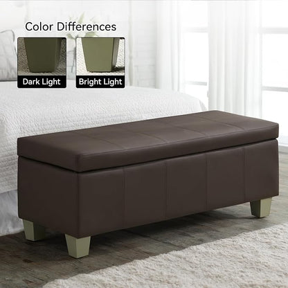 WUTUTUEE 51" Faux Leather Storage Ottoman, Stitch Tufted Rectangle Upholstered End of Bed Storage Bench, Entryway Large Couch Ottoman with Wooden Legs,Brown