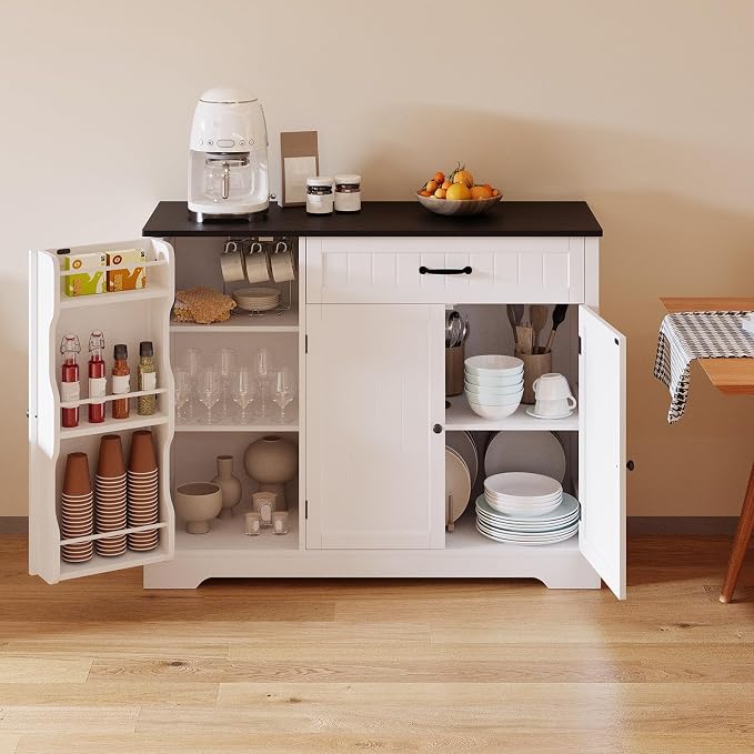 Gizoon Kitchen Coffee Bar Cabinet with Storage Kitchen Sideboard Buffet Cabinet with Drawers, Short Pantry with Door and Shelves for Bathroom and Living Room, White and Black, Painted
