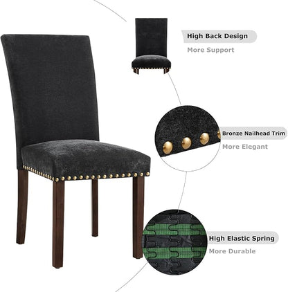 COLAMY Upholstered Parsons Dining Chairs Set of 2, Fabric Dining Room Kitchen Side Chair with Nailhead Trim and Wood Legs - F-Black