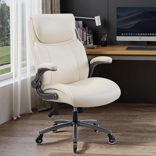 MALOL Ergonomic High-Back Executive Office Chairs, Heavy Duty Home Computer Chair with Lumbar Support, Flip-Up Arms, and PU Leather Upholstery, Beige