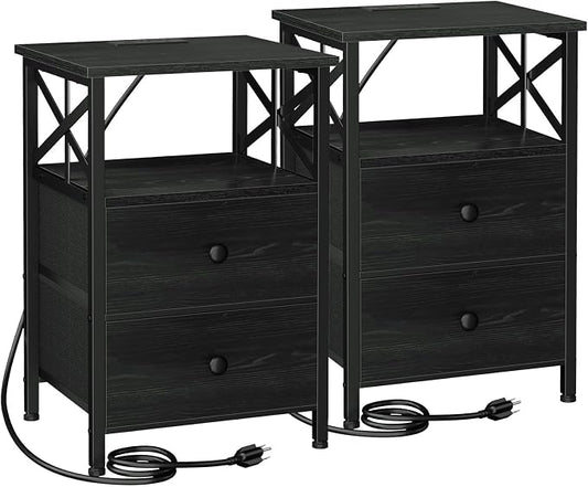 AMHANCIBLE Night Stand Set 2, Nightstand with Charging Station, Small Bedside Table with 2 Fabric Drawers, End Tables Living Room with USB C Ports for Bedroom, Black, HET05XBK