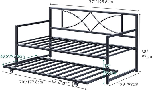 DWVO Twin Daybed with Trundle, Metal Sofa Bed with Adjustable Height,Trundle Bed with Heavy Duty Metal Slats, for Living Room, Bedroom, Guest Room, Space Saving, Black
