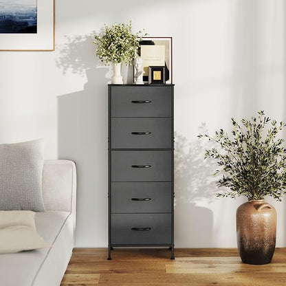 DUMOS Nightstand with 5 Drawers, Bedside Table with Removable Fabric Bins, Sturdy Steel Frame Wood Skinny Dresser Furniture for Bedroom Closet Living Room, Grey