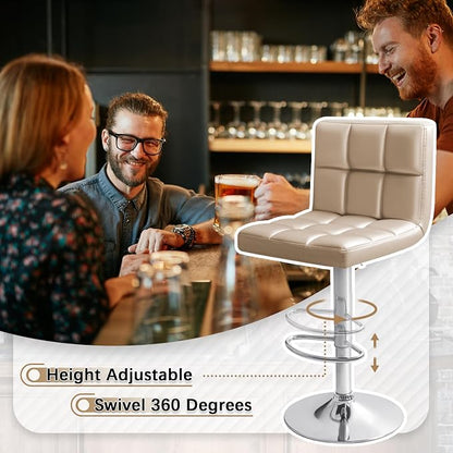 Homall Bar Stools Modern PU Leather Adjustable Swivel Barstools, Armless Hydraulic Kitchen Counter Bar Stool Extra Height Square Island Barstool with Back Set of 2 (Khaki)