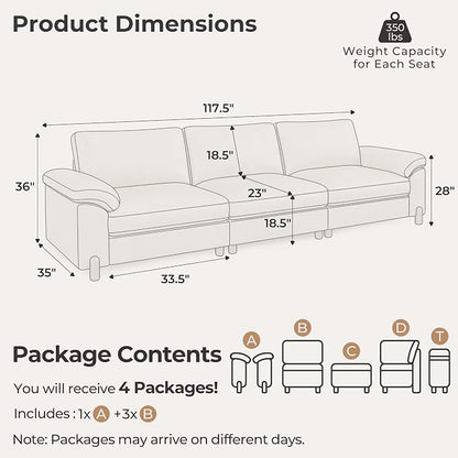 SITJOY Large Cloud Couch, 118" Wide 3 Seater Sofa, Faux Leather in White | Pet-Friendly Scratch-Resistant Leather Sectional Sofas for Living Room, Deep Seat Wide Couch
