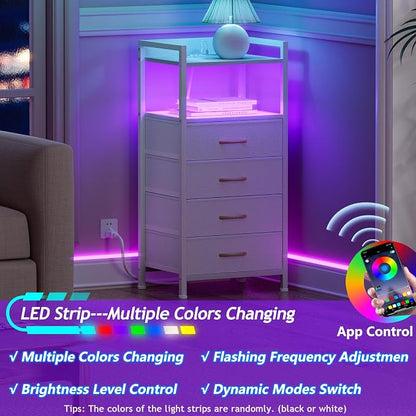 Furnulem White Nightstand with Charging Station, Night Stand Side Table with Led Light, Tall Dresser for Bedroom with 4 Fabric Storage Drawers, Metal Frame, Wood Shelf(White)