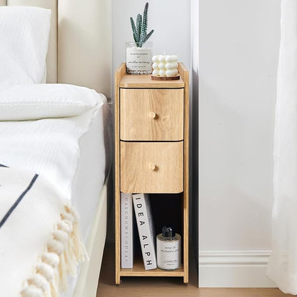 Narrow End Table Bedroom, Wooden Small 2 Drawer Nightstand, Thin Couch Side End Table, Skinny Bedside Table Small Spaces, Mid Century Modern Night Stand with Drawers (Natural-1 pc)